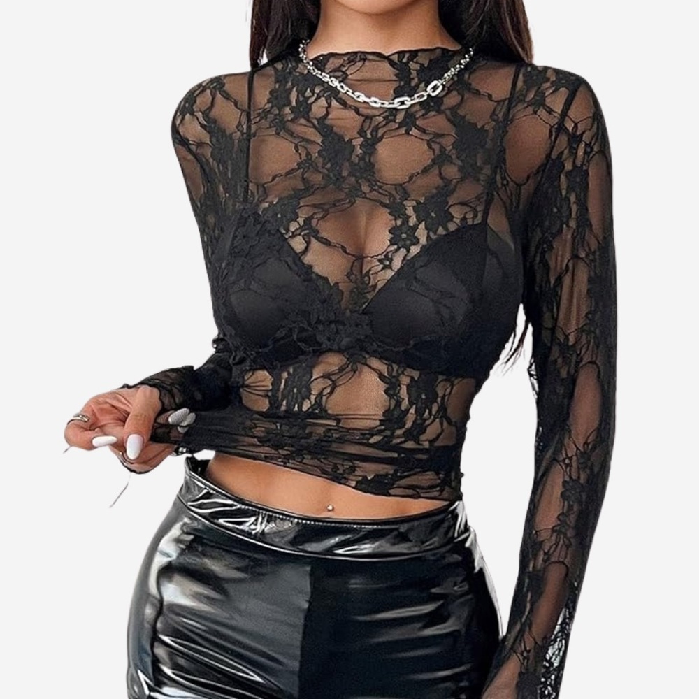Womens Mesh Long Sleeve Shirts Lace Top Y2K Black Size Small